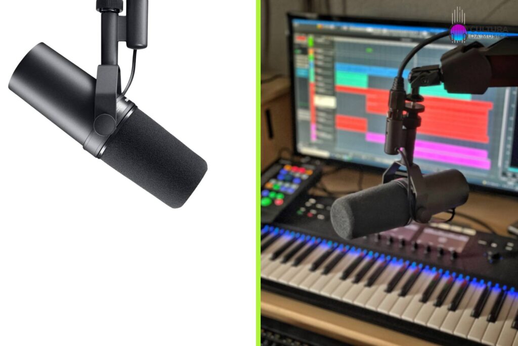 Microfone dinâmico com botão touch mute.
